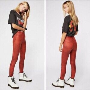 Free People Microsuede Skinny Pant 28 Stretch Red High Rise EUC B54